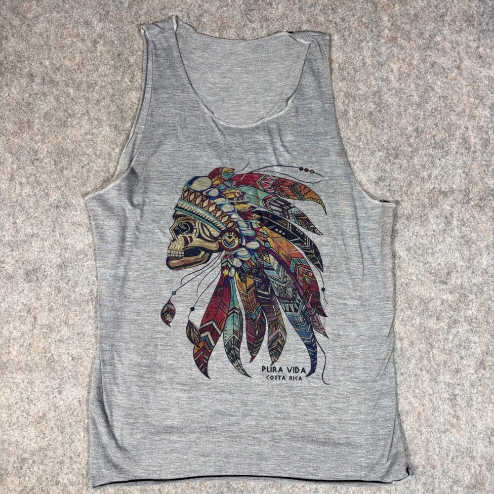 Pura Vida Costa Rica Tank Top Size S Sleeveless Gray Skull Headdress Graphic
